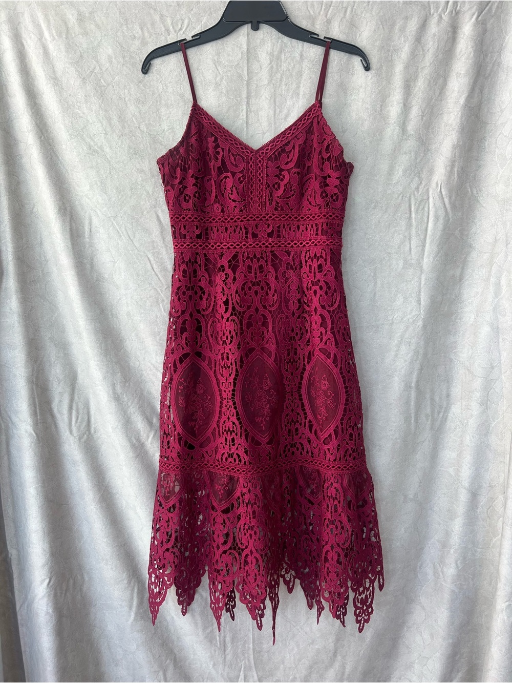 J.O.A. Burgundy Lace Midi Dress with Spaghetti Straps